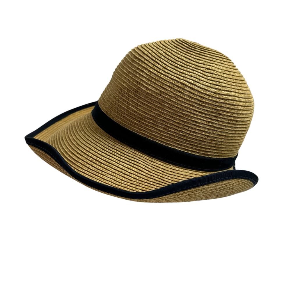 SUN N SAND Backless Paper Straw Ribbon Hat One Size Womens Tan Blue Ponytail - Picture 4 of 9